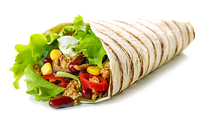 Image showing Tortilla wrap with fried minced meat and vegetables