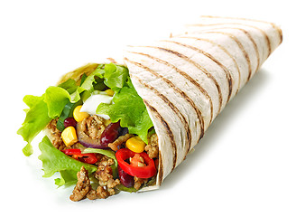 Image showing Tortilla wrap with fried minced meat and vegetables