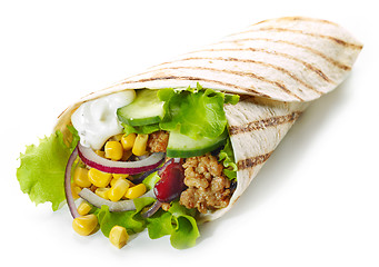 Image showing Tortilla wrap with fried minced meat and vegetables