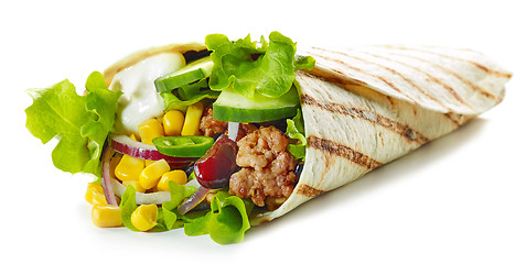 Image showing Tortilla wrap with fried minced meat and vegetables