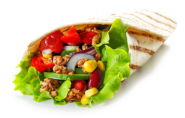 Image showing Tortilla wrap with fried minced meat and vegetables