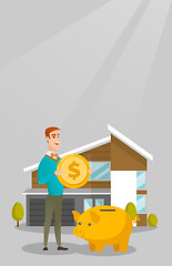 Image showing Man saving money in piggy bank for buying house.