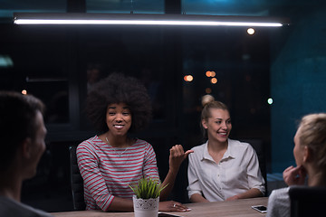 Image showing Multiethnic startup business team in night office