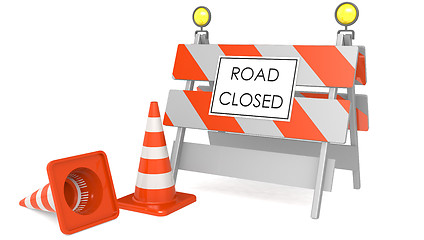 Image showing Road closed sign with traffic cones