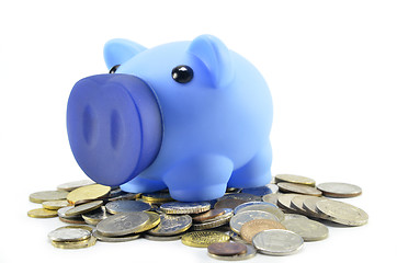 Image showing Blue piggybank with coins