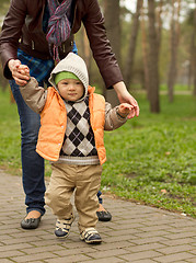 Image showing Baby Learning to Walk in Park