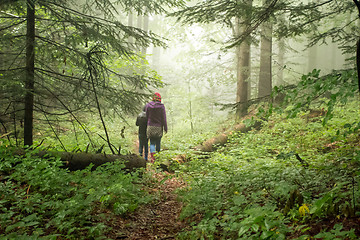 Image showing Mother and son in the mystic green foggy forest