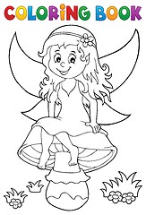 Image showing Coloring book fairy sitting on mushroom