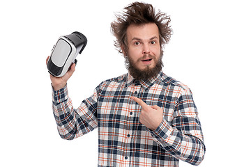 Image showing Crazy bearded man with VR goggles
