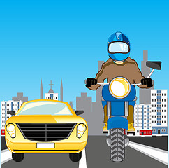 Image showing Motorcycle and car go on town road