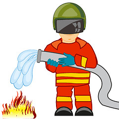 Image showing Fireman in worker defensive suit extinguish fire