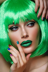 Image showing Beautiful girl in green wig