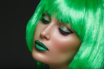 Image showing Beautiful girl in green wig