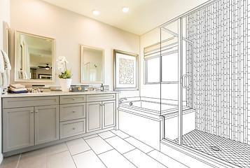 Image showing Custom Master Bathroom Design Drawing Gradating to Finished Phot