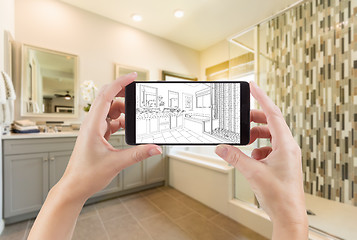 Image showing Hands Holding Smart Phone with Master Bathroom Drawing on Screen