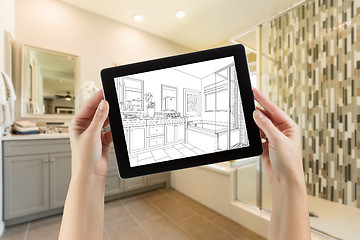 Image showing Hands Holding Computer Tablet with Master Bathroom Drawing on Sc