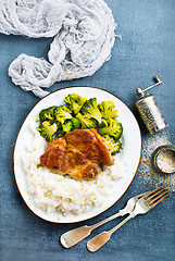 Image showing rice and meat with briccoli