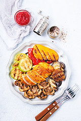 Image showing chicken barbecue and grilled vegetables