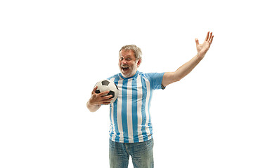 Image showing The Argentinean soccer fan celebrating on white background