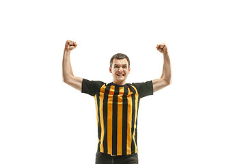 Image showing The Belgian soccer fan celebrating on white background