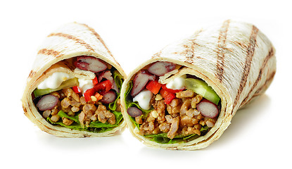 Image showing Tortilla wrap with fried minced meat and vegetables