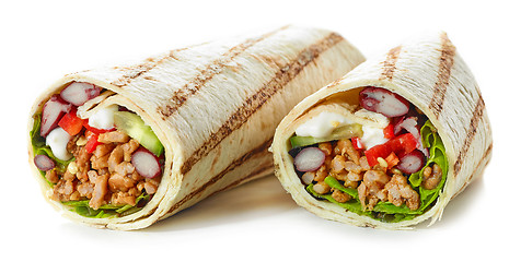 Image showing Tortilla wrap with fried minced meat and vegetables