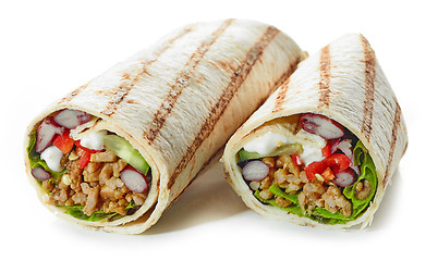 Image showing Tortilla wrap with fried minced meat and vegetables