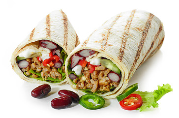 Image showing Tortilla wrap with fried minced meat and vegetables
