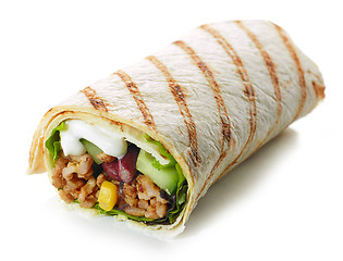 Image showing Tortilla wrap with fried minced meat and vegetables