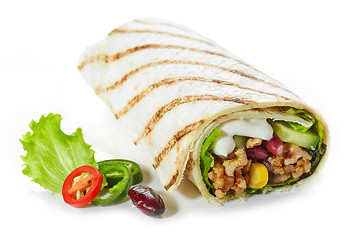 Image showing Tortilla wrap with fried minced meat and vegetables