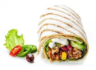 Image showing Tortilla wrap with fried minced meat and vegetables