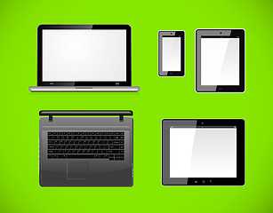 Image showing Laptop, tablet pc computer and mobile smartphone with a blank screen. Isolated on a green background. Vector