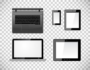 Image showing Laptop, tablet pc computer and mobile smartphone with a blank screen. Isolated on a checkered transparency background. Vector