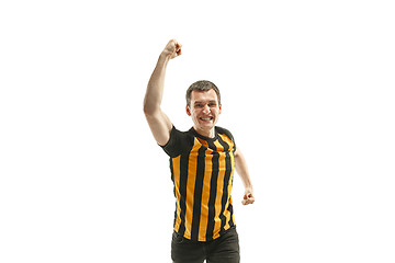 Image showing The Belgian soccer fan celebrating on white background