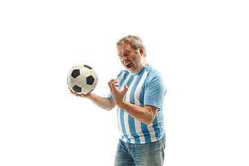 Image showing The Argentinean soccer fan celebrating on white background