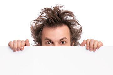 Image showing Crazy man with blank signboard