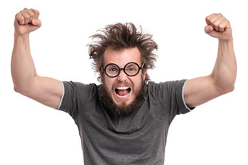 Image showing Crazy bearded man emotions and signs