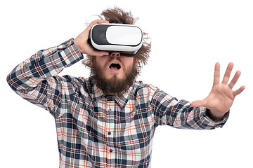 Image showing Crazy bearded man with VR goggles