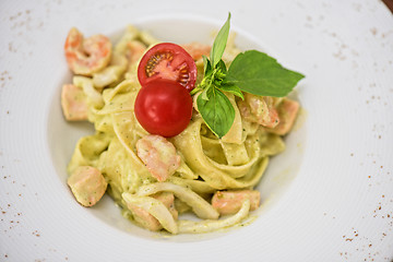 Image showing Penne pasta with salmon fish