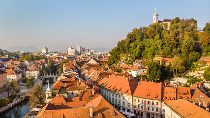 Image showing Cityscape of Ljubljana, capital of Slovenia in warm afternoon sun.