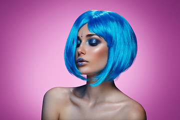 Image showing Beautiful girl in blue wig