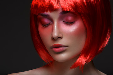 Image showing Beautiful girl in red wig