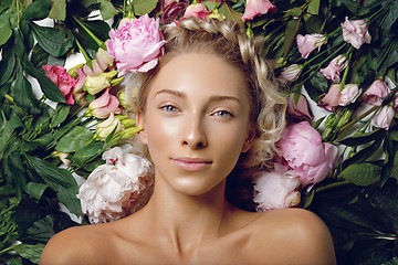 Image showing Beautiful girl lying in flowers