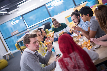 Image showing multiethnic business team eating pizza