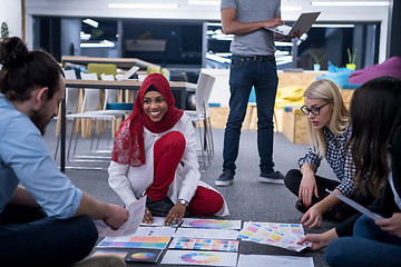 Image showing black muslim woman having meeting with Multiethnic  startup busi