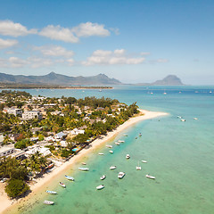 Image showing Top down aerial view of tropical beach in Black River, Mauritius island.