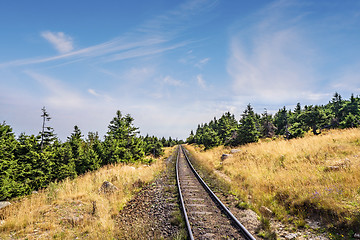 Image showing Prairie landscape with a railroad under a blue sky