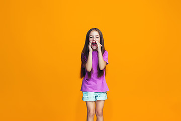 Image showing Isolated on orange young casual teen girl shouting at studio