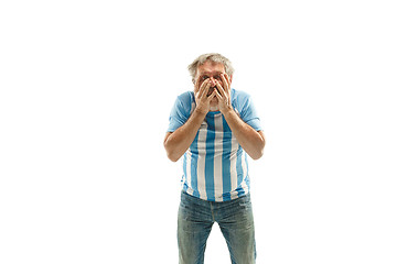 Image showing The unhappy and sad Argentinean fan on white background