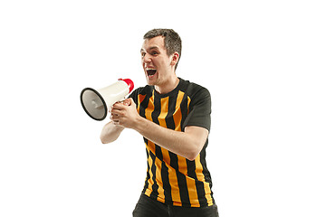 Image showing The Belgian soccer fan celebrating on white background